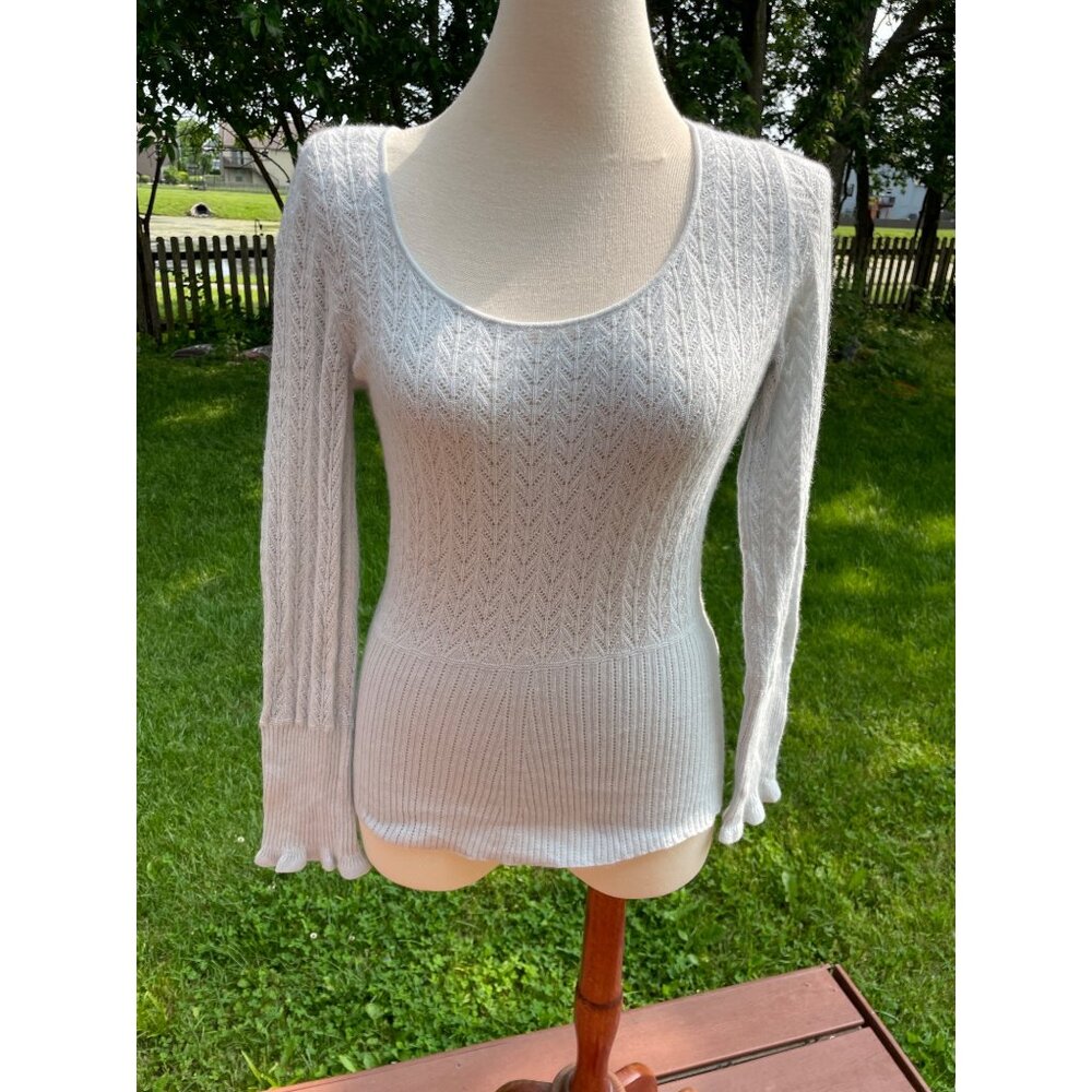 Express White Off-Shoulder Sweater M Angora Wool Blend Knit Ribbed Fitted Long S